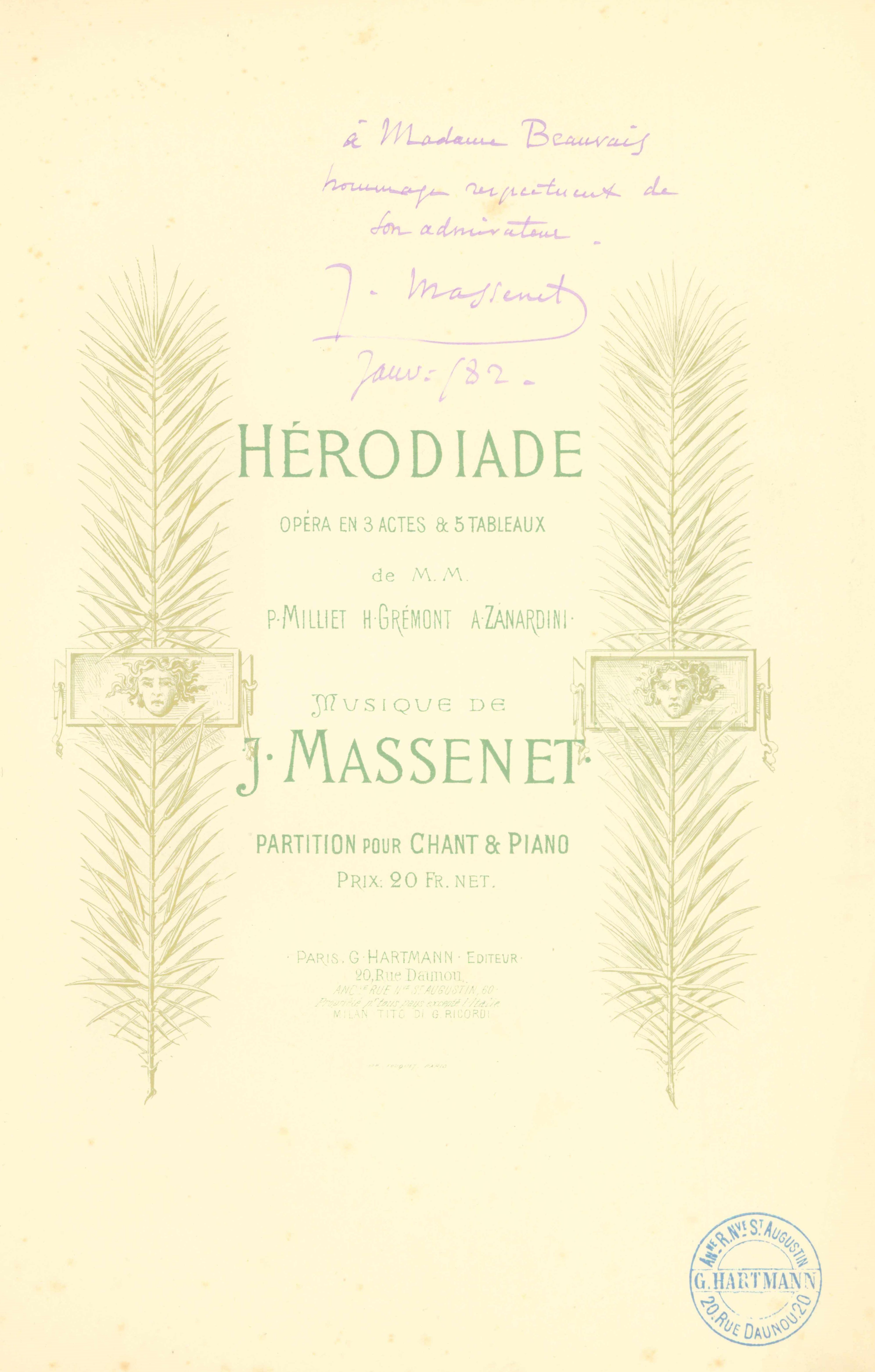 Jules Hérodiade. Opèra en 3 Actes. [Vocal score]